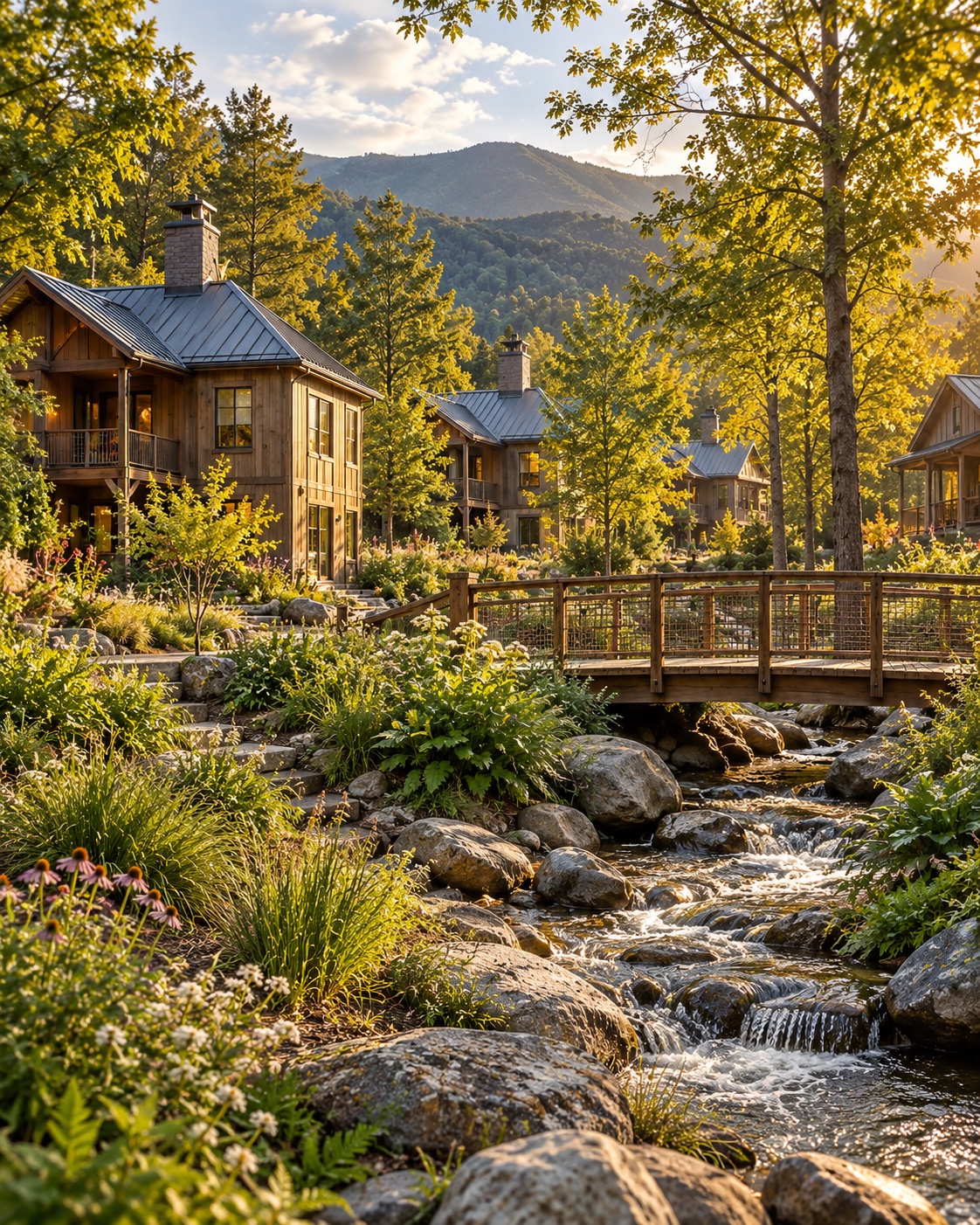 Conceptual woodland neighborhood with timber homes, native gardens, a stream and a pedestrian bridge.