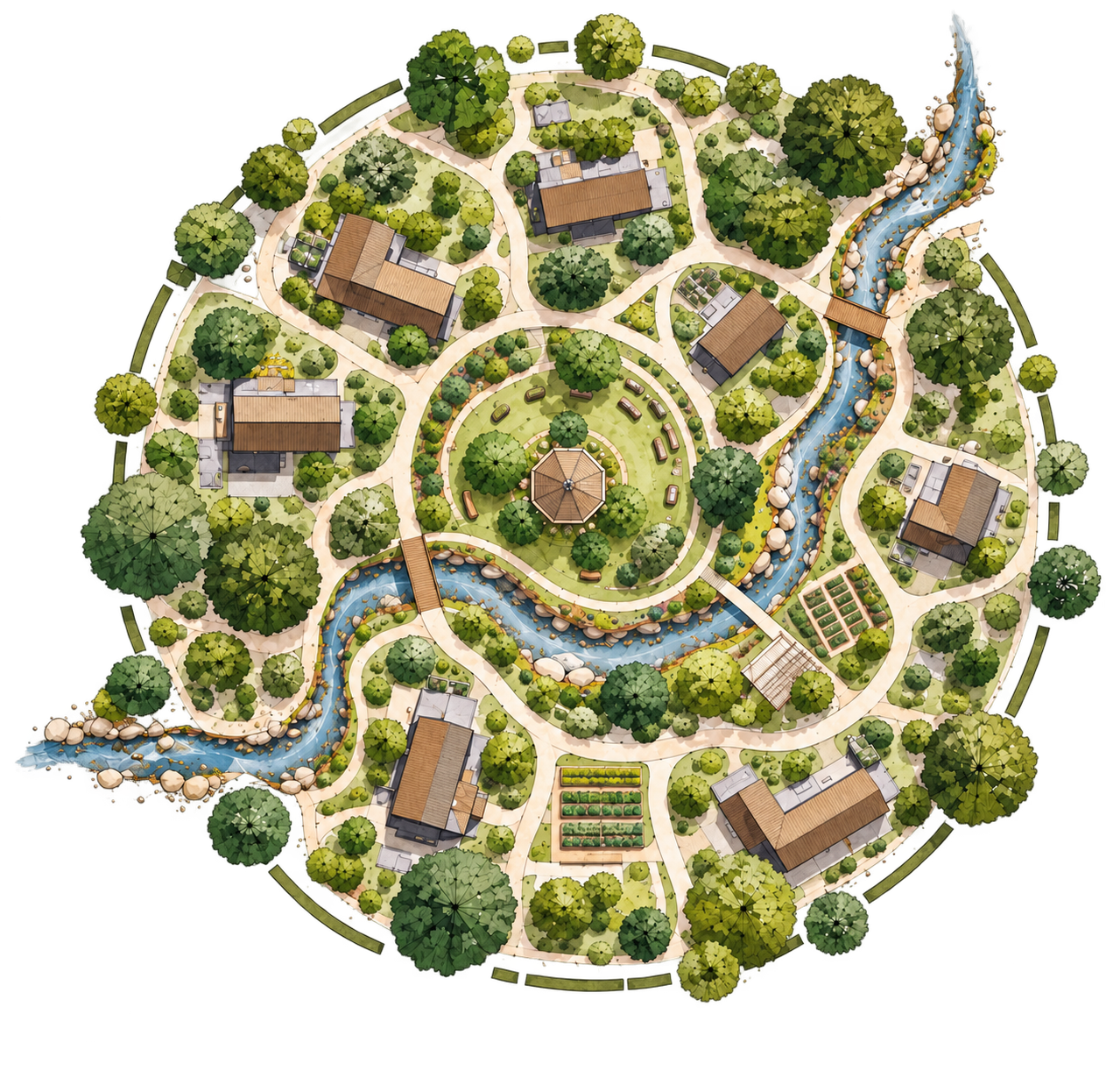Illustrated village with homes and gardens arranged around a shared pavilion beside a stream.